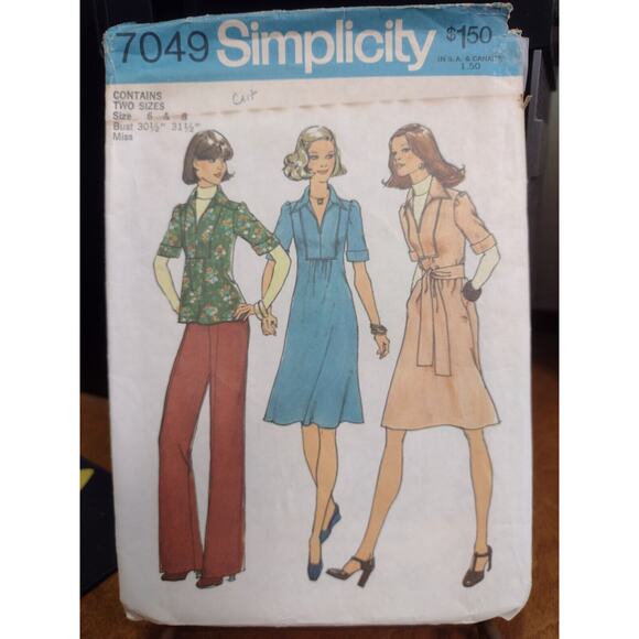 Vintage Simplicity Pattern 7049 Misses' Dress or Top and Pants Size 6 & 8 (1975) - Picture 1 of 2